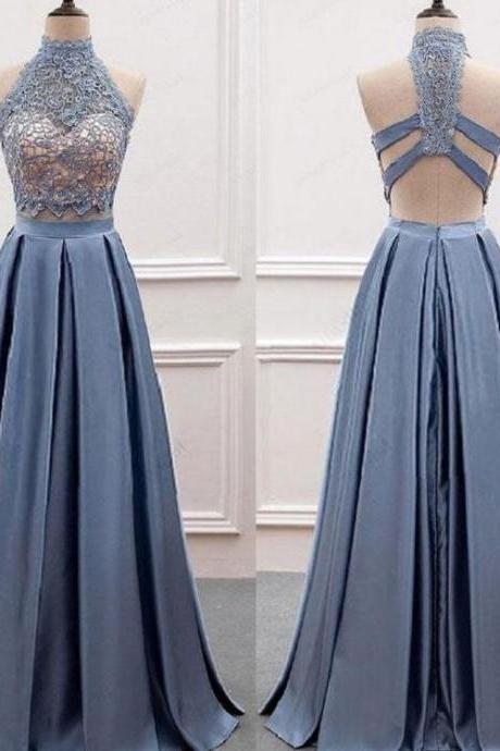 Dusty Blue Prom Dress Two Piece Prom Dress Lace Top Evening Dress Ss96