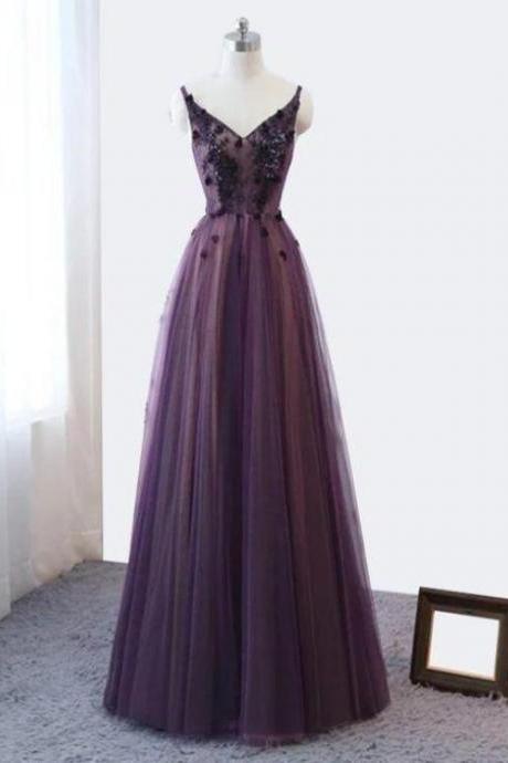 Purple V-neckline Strap Tulle Lace Applique Party Dress Formal Evening Dress Prom Dress Ss97