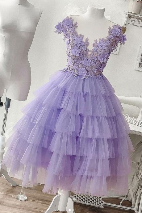 Applique Purple Tulle Short Prom Dress Formal Party Evening Dress Ss98
