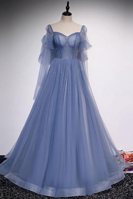 Blue Tulle Sweetheart Long Prom Dress Evening Beads Formal Dress Ss101