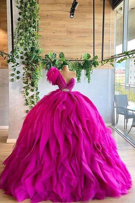 Fashion Tulle Ball Gown One Shoulder Evening Dress Long Prom Gown Ss102