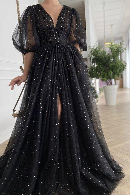 Fashion Black V Neck Long Prom Dress, Shiny Evening Dress Ss107