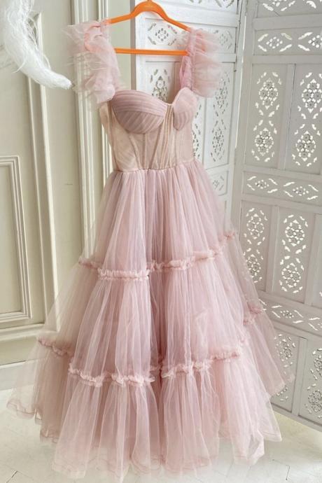 Pink Tulle Long Prom Dress Evening Dress Custom Ss109