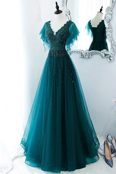 Green V Neck A-line Appliques Beads Long Formal Prom Evening Dress With Flutter Sleeves Ss111
