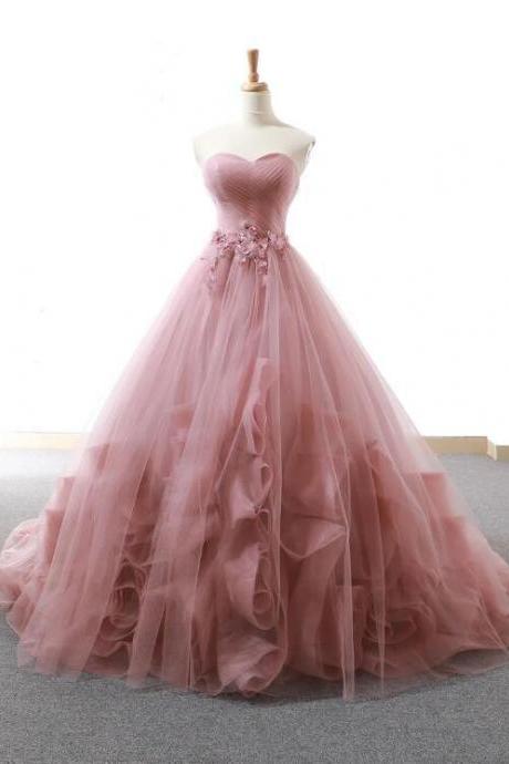 Pink Tulle Long Prom Dress Hand Made Evening Dress Custom Ss113