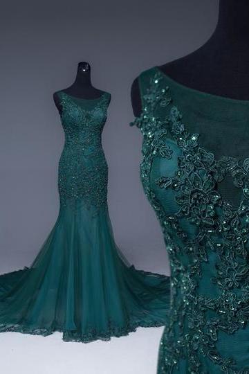 Green Tulle Mermaid Prom Dresses Lace Appliques Formal Evening Dress Ss124