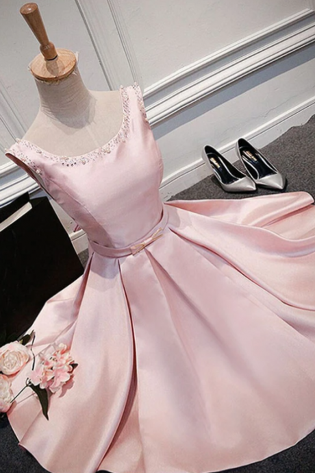 Pink Round Neck Satin Short Prom Dress Pink Evening Dress Ss126