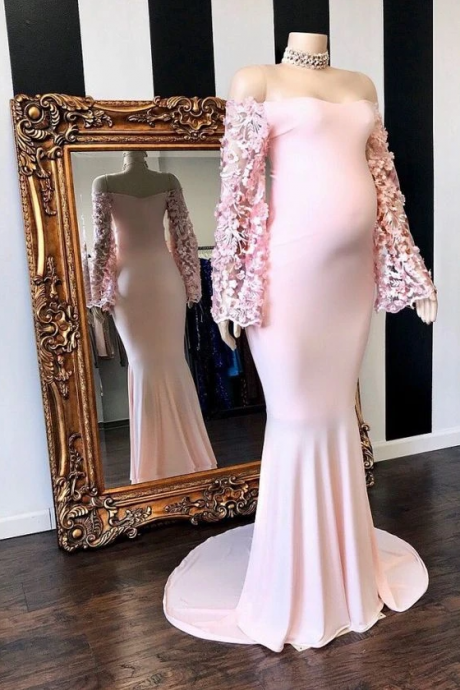 Long Sleeves Prom Dress, Off The Shoulder Evening Dress, Pink Shower Dress Ss130