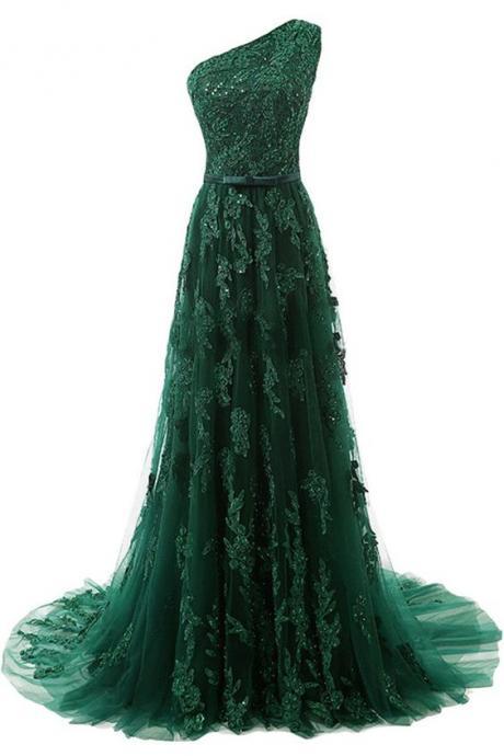 Dark Green Prom Dress One Shoulder Hand Made Sexy Party Dress Beading Appliques Evening Dress Ss132