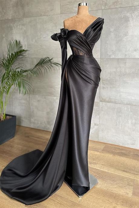 Black Long Sleeves Mermaid Evening Prom Dress Pleated With Split Hand Made Custom Ss139