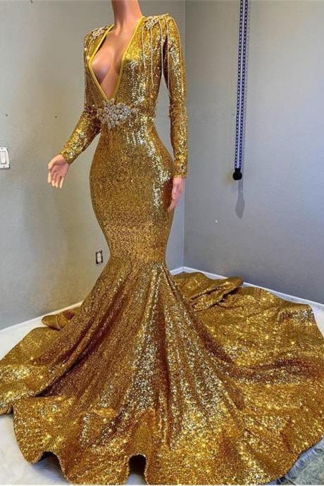 Gorgeous Gold Sequins Long Sleeves Evening Dress With Train Prom Dress Mermaid Deep V-neck Ss140