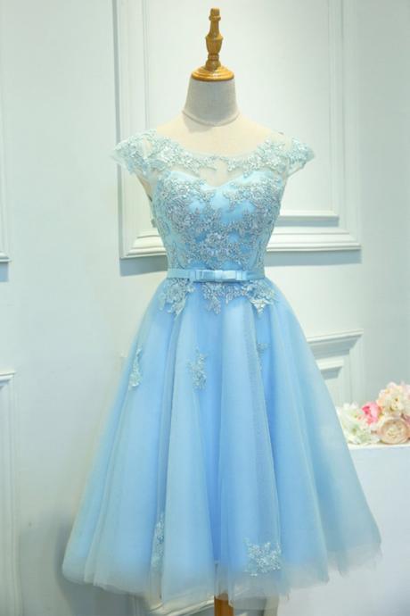 Blue Round Neck Lace Short Party Dress Prom Dress Bridesmaid Dress Ss145