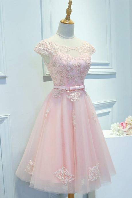 Hand Made Pink Round Neck Lace Short Prom Dress, Bridesmaid Dress Ss146