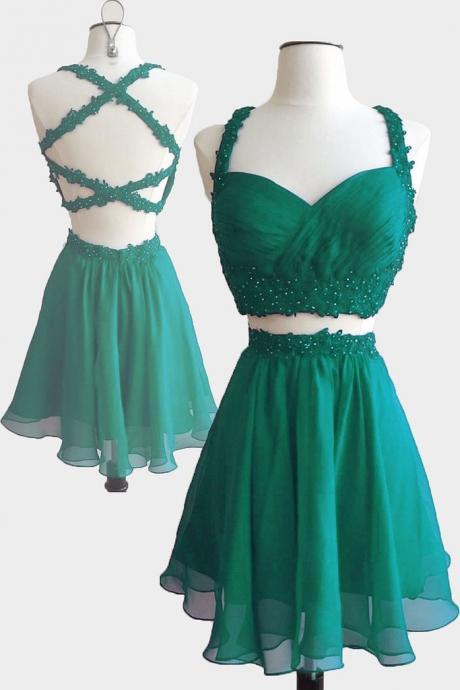 Hand Made Green Two Pieces Short Prom Dress Cute Homecoming Evening Dress Ss147