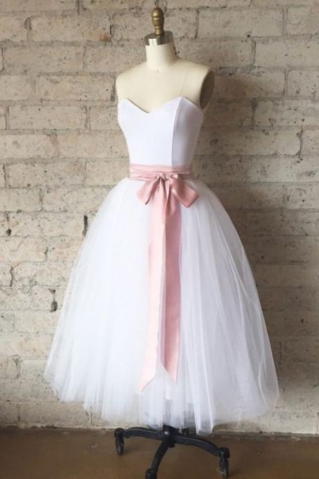 Simple White Tulle Tea Length Prom Dress With Sash Bridesmaid Dress Ss155