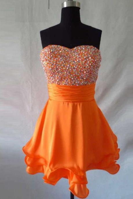 Orange Chiffon Homecoming Dresses Hand Made Custom Cute Cocktail Dresses Ss158