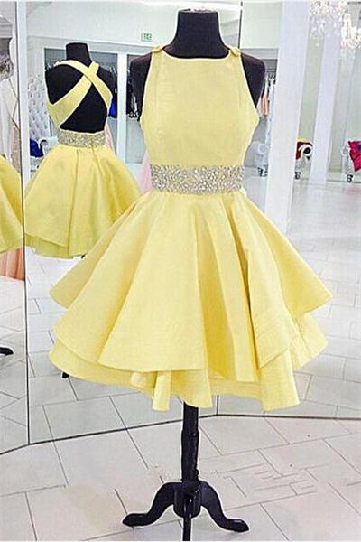 Yellow Beads Open Back Short Prom Dress Homecoming Dress Ss160