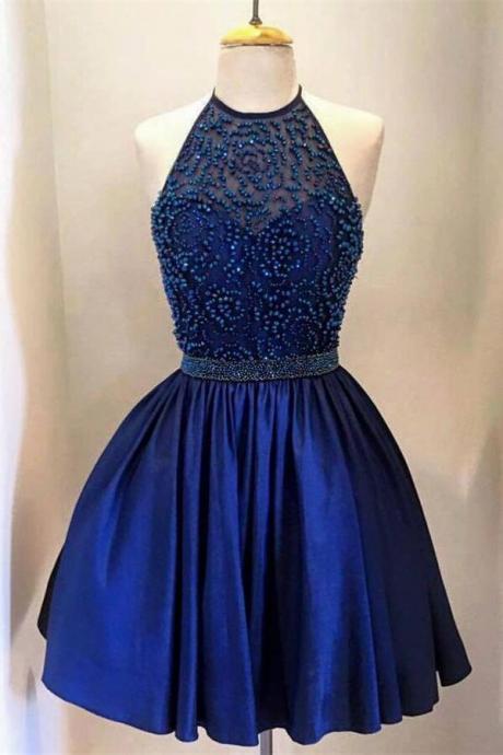 Royal Blue Homecoming Dresses Evening Dress Halter Beading Prom Dress Ss161