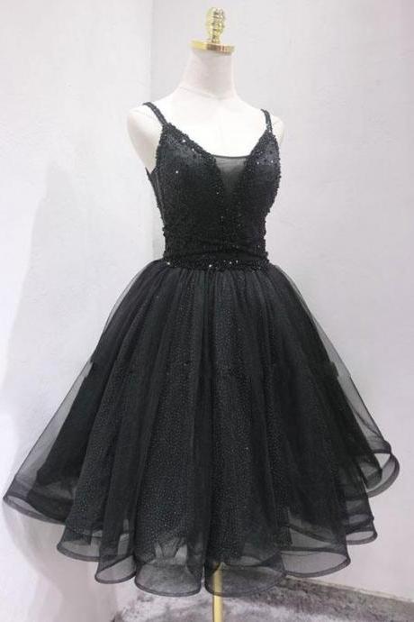 Black Tulle Beads Short Strap Prom Dress Black Homecoming Evening Dress Ss164