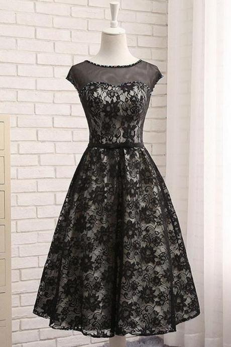 Black Lace Tea Length Prom Dress Hand Made Evening Dress Ss167