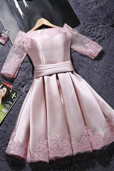 Pink Short Satin With Lace Round Neckline Wedding Party Prom Bridesmaid Dresses Ss176