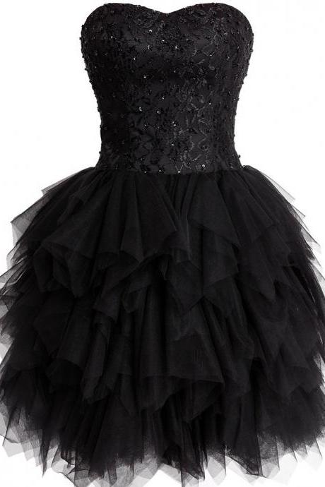Black Strapless Hand Made Ruffled Homecoming Cocktail Short Prom Dresses Party Dresses Ss179