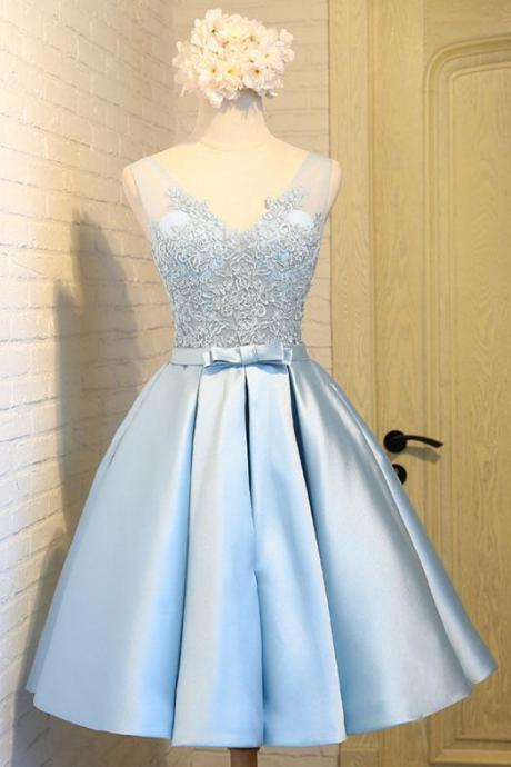 Blue Satin Short Prom Dresses, Blue Homecoming Dresses ,party Dress Ss182