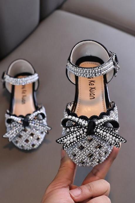 Summer Little Girls Rhinestone Sandals Hot New Children's Pearl Bow Party Sandals Kids Bling Hollow Out Wedding Shoes SL005