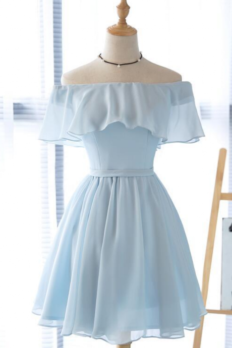 Blue Lovely Short Chiffon Off Shoulder Simple Prom Party Dress, Knee Length Formal Dress Ss213