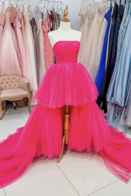 Pink Prom Dresses,tulle High Low Formal Prom Dress Evening Dress Ss214
