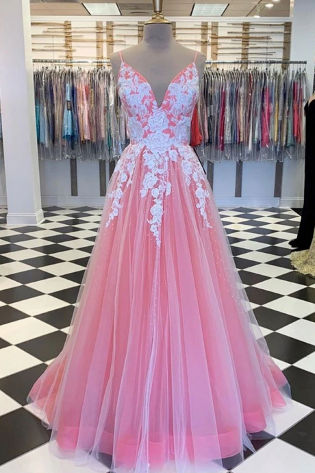 A Line V Neck Long Prom Dress with Lace Appliques Formal Dress Evening Dress SS217