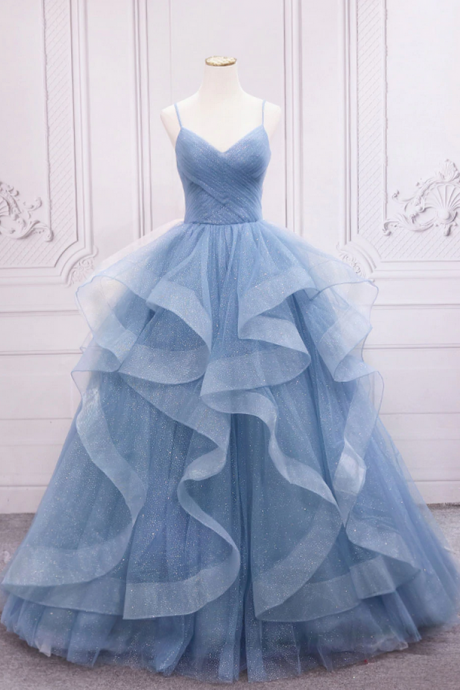 Strap Blue Prom Dresses,tulle Long Evening Dress Tulle Sweet Dress Ss219