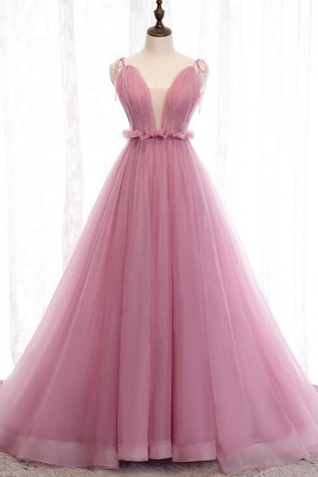 Pink V-neck Line Straps Tulle Long Evening Dress Prom Dress Ss227