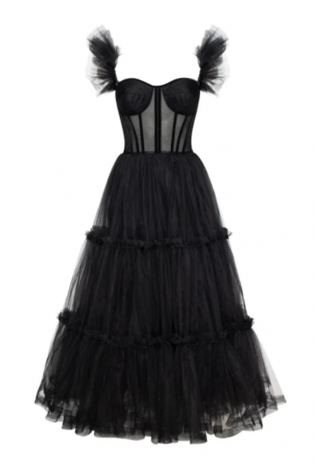 Black Straps Sweetheart Prom Evening Dress A-line Tulle Dress Custom Size Ss229