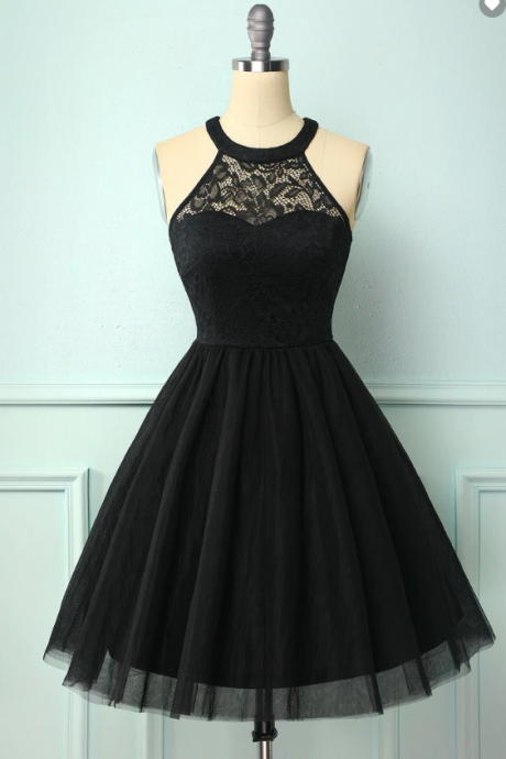 Short Prom Dresses A Line Black Evening Party Dress With Lace Ss235