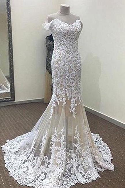 White Lace Champagne Tulle Mermaid Off The Shoulder Prom Dresses Long Evening Dress Ss247
