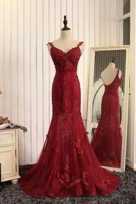 Red Tulle Lace Applique Evening Dress V-neck Open Back Long Prom Dresses Ss251