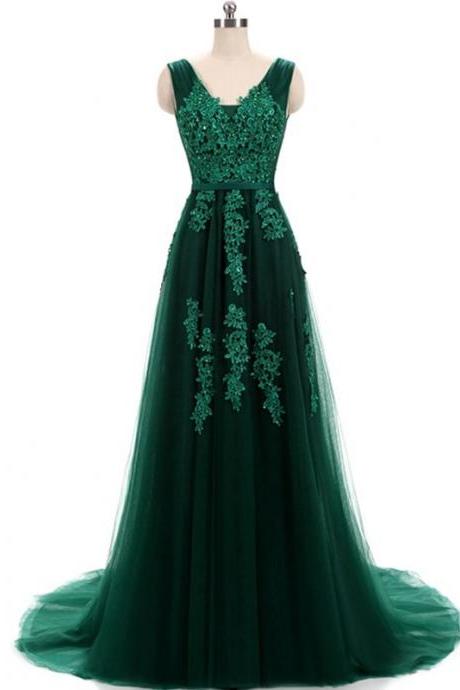 Hunter Green Lace Applique Hand Made Tulle Prom Dresses Featuring V Neck And Lace-up Evening Dress Ss254