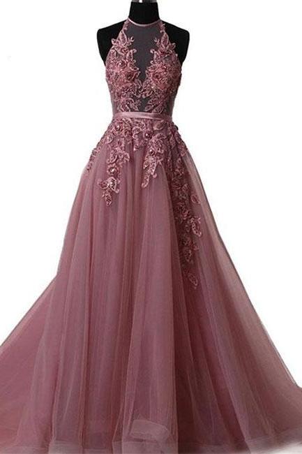 Long Prom Dresses Halter Hand Made A Line Lace Applique Evening Formal Dresses Ss256