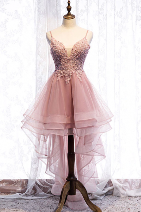 Pink Sweetheart Tulle Lace High Low Prom Dress Evening Dress Homecoming Dress Ss261