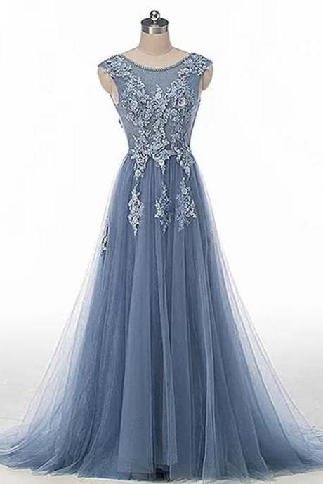 A Line Scoop Blue Lace Aplique Floor Length Sleeveless Tulle Prom Dress Evening Dress Ss261