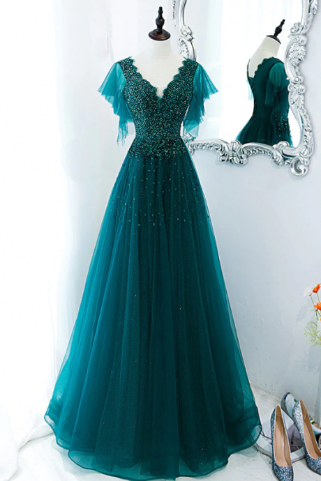 Green V Neck Tulle Sequin Beads Long Prom Dress Hand Made Evening Dress Ss267