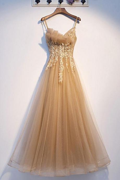 Champagne Tulle Lace Applique Long Prom Dress Evening Dress Ss271