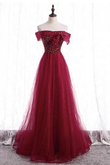 Burgundy Tulle Beads Hand Made Long Prom Dress A Line Evening Gown Ss275