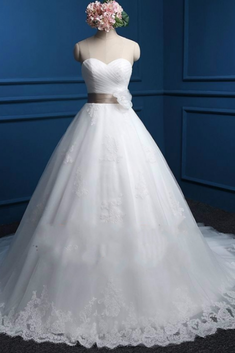 Sweetheart Lace Ball Gown With Flower Sash Tulle Lace Wedding Dress Ss279