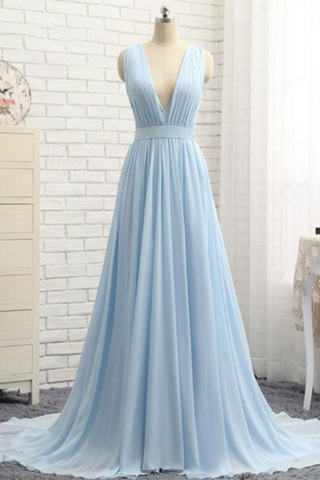 Hand Made Simple Blue V Neck Chiffon Long Prom Dress Evening Dress Ss281