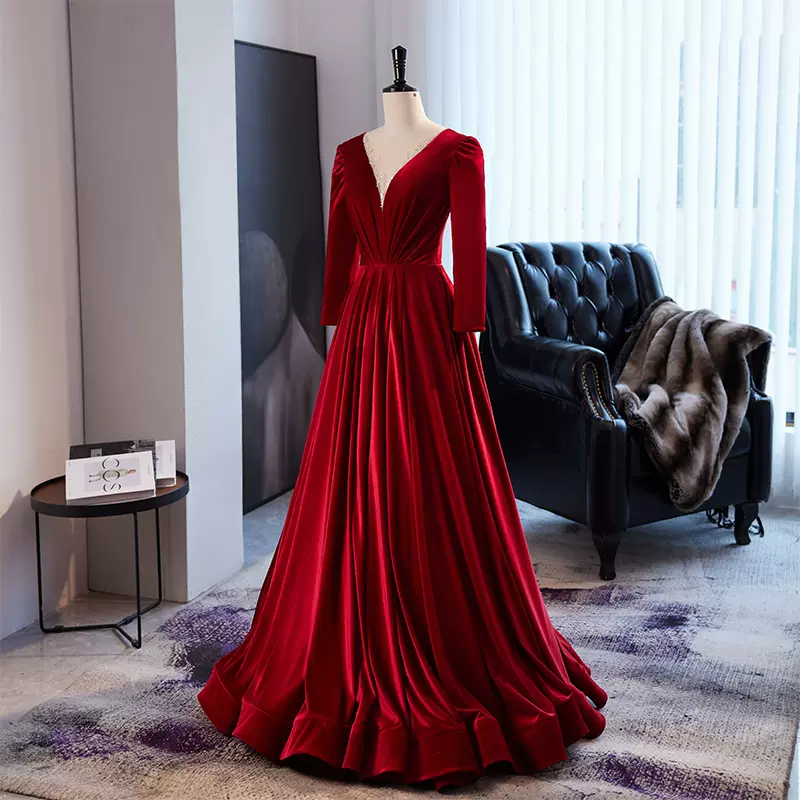Wine Red Long Sleeve V Neck Prom Dress Evening Party Dress Ss290