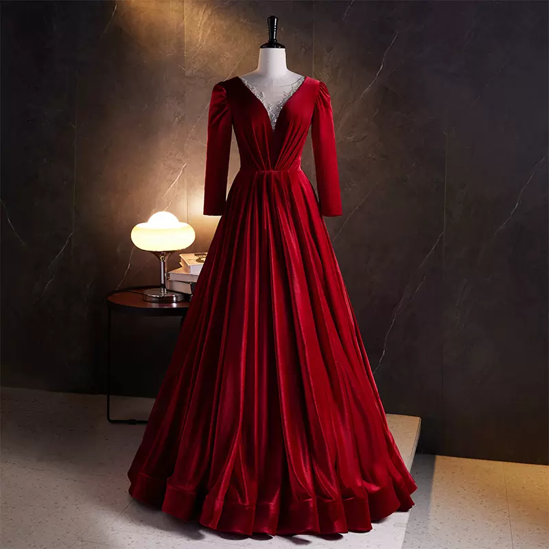Hand Made Wine Red Long Sleeve V Neck Prom Dress Evening Party Dress Ss291