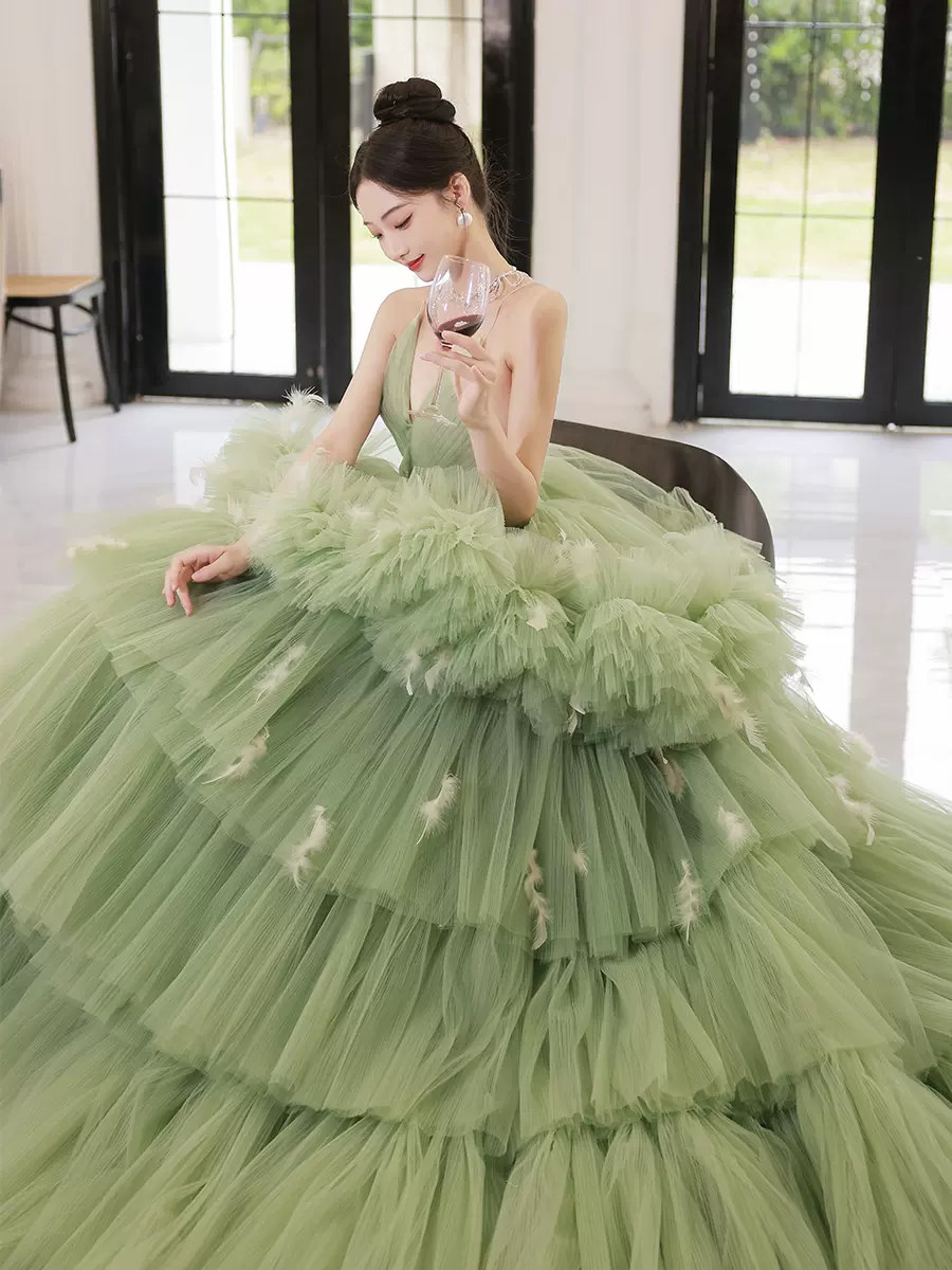 Green Ball Gown Long Train Prom Dress Evening Dress Bridal Gowm Ss298