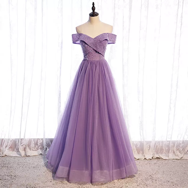 Off The Shoulder Purple Prom Dress Beads Evening Dress Hand Made Custom Ss308